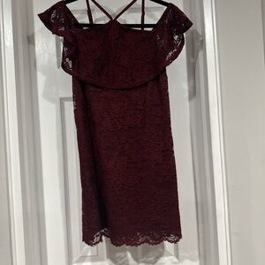 love, Fire Strapless Burgundy Lace Dress